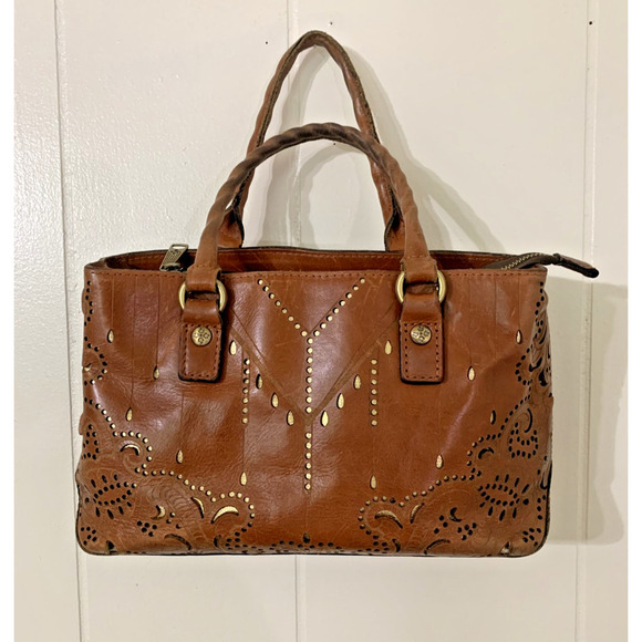 Patricia Nash Handbags - Patricia Nash Angela Laser Cut Satchel Leather Handbag Tan Brown Western